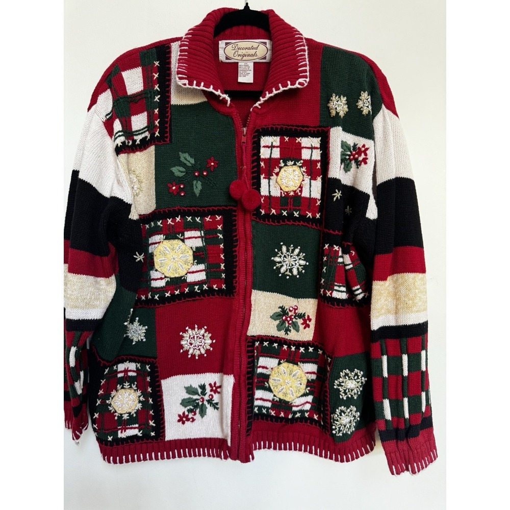 Decorated Originals Christmas Patchwork Zip Up Cardigan Sweater Womens 2X Red